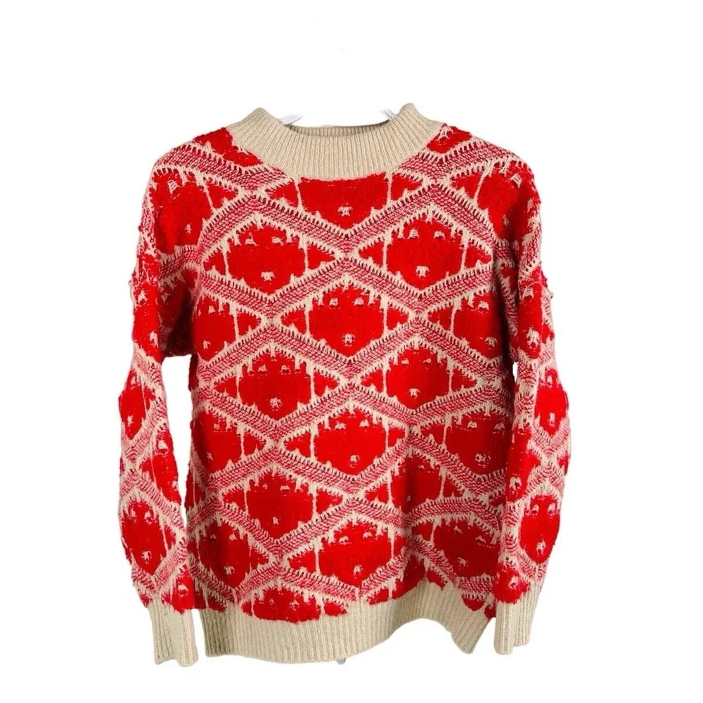 FRNCH Paris WMNS S/M Red Argyle Wool Blend Long Sleeves Pullover Sweater Winter